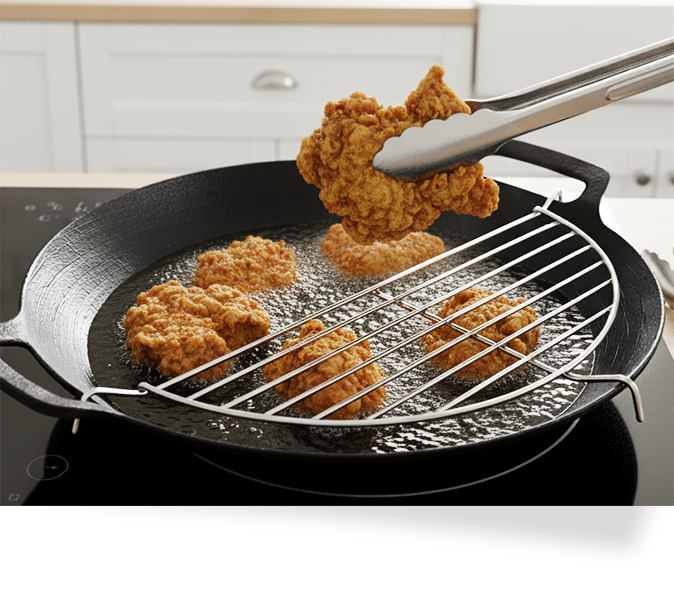 3つのフックでしっかり固定された揚げ物用の半月型網